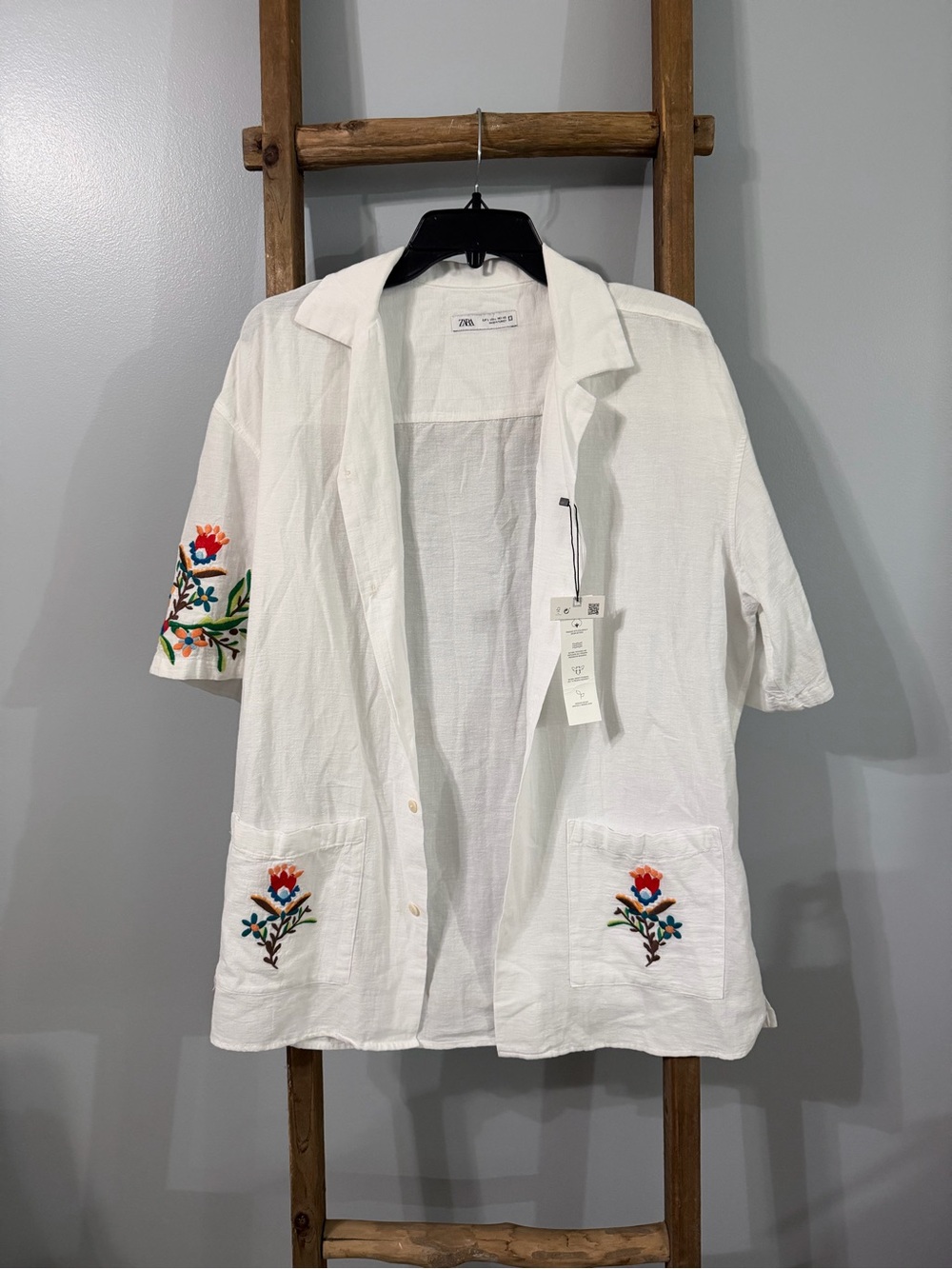 Zara Embroidered Linen Blend Shirt in White Size Women’s Large